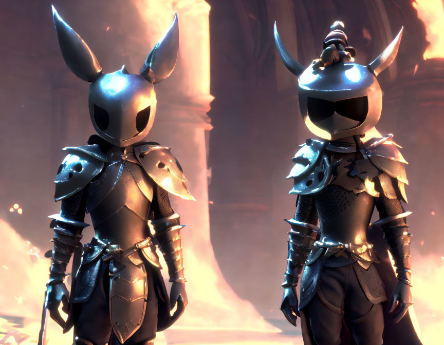 Fantasy knight armor on two animated characters in fiery setting