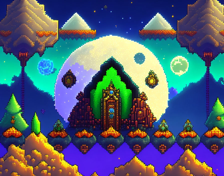 Detailed pixel art scene: mystical gate, illuminated trees, floating islands, celestial bodies, large moon.