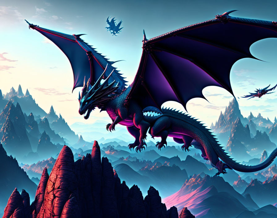 Majestic dragons flying over mystical mountain landscape