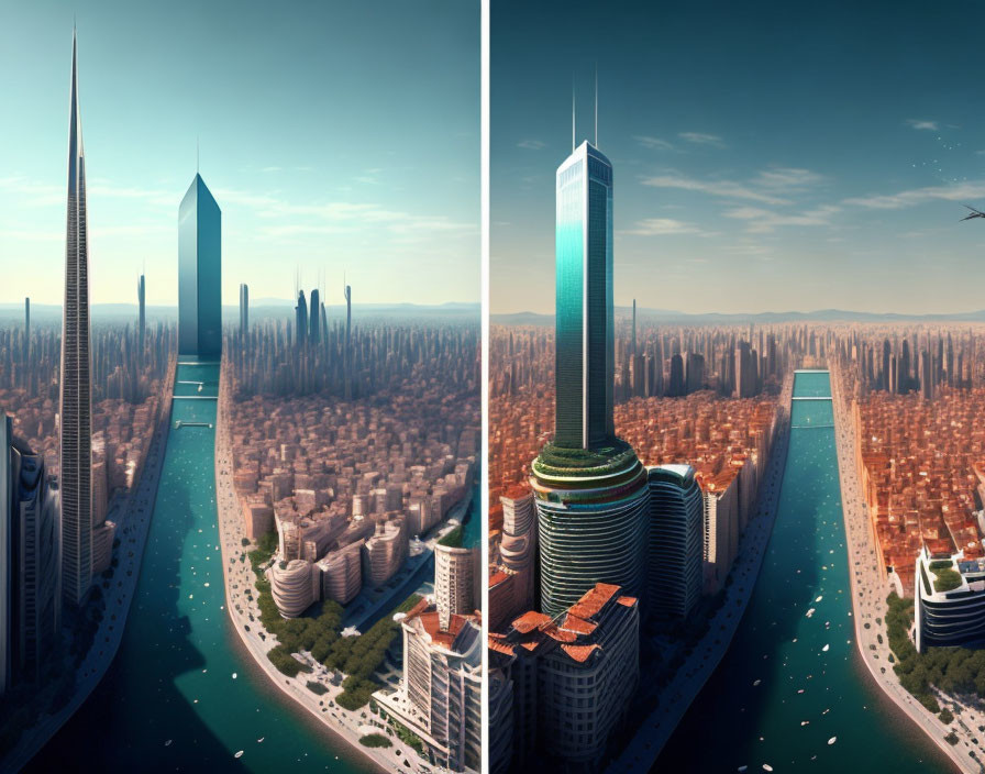 Futuristic city skyline split view: sharp-edged vs. green terraced tower