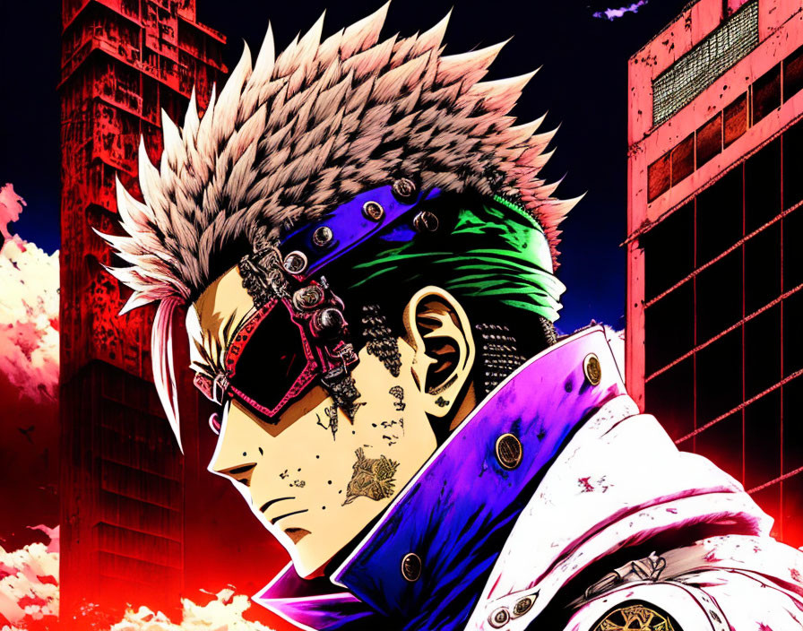 Spiky-haired anime character with eye patch in front of red skyline