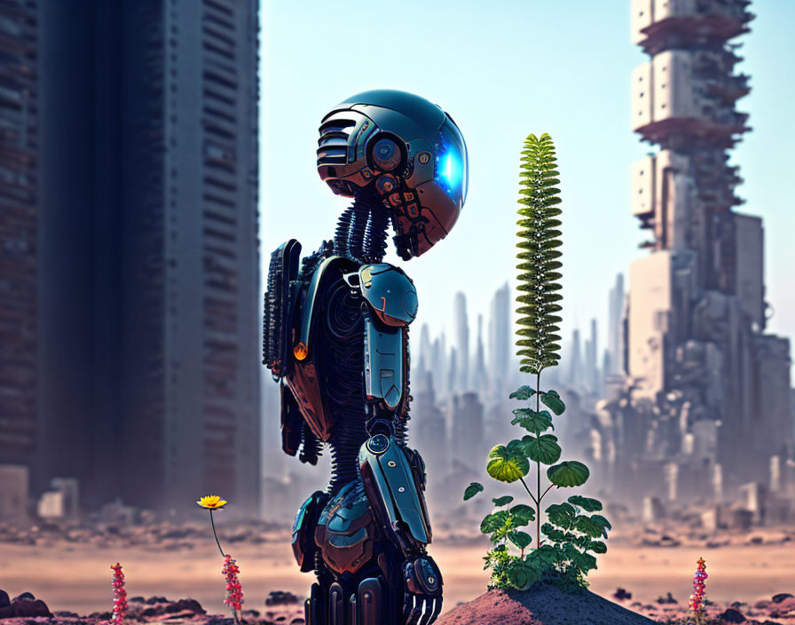 Reflective futuristic robot with yellow flower in desert cityscape