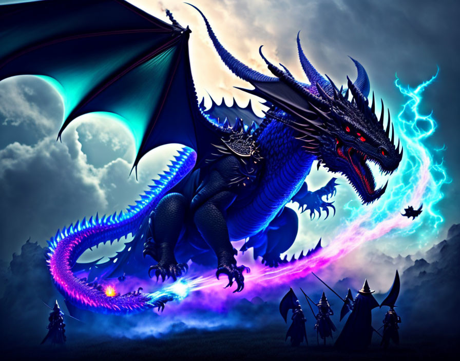 Gigantic Blue Dragon Breathing Fire Over Warriors in Stormy Sky