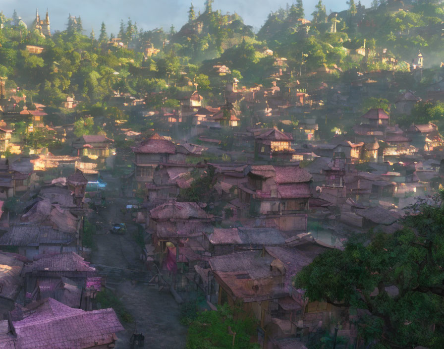 Traditional village with misty morning ambiance and golden sunlight on houses and trees