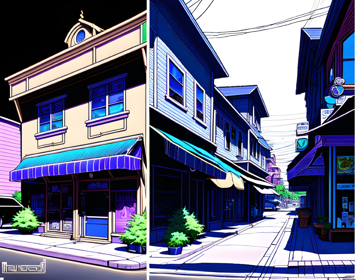 Colorful digital artwork of stylized street scene with two-story buildings and power lines.