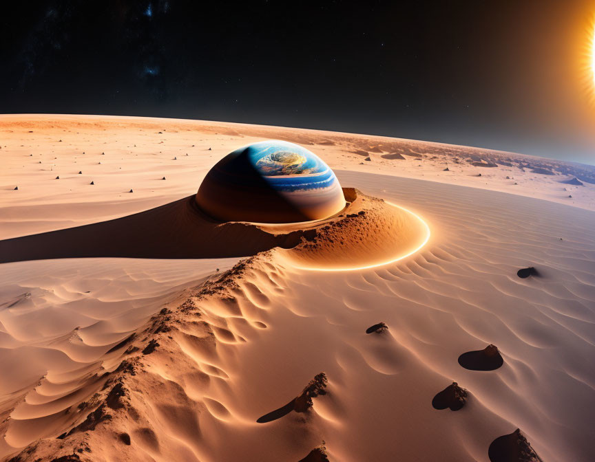 Surreal Mars sand dune with Earth cross-section in space