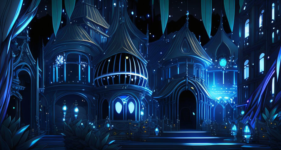 Fantasy cityscape digital artwork with illuminated buildings