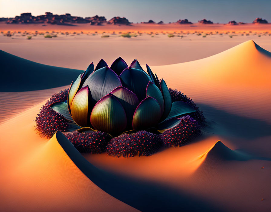 Vibrant flower-like structure on sandy dunes at dusk