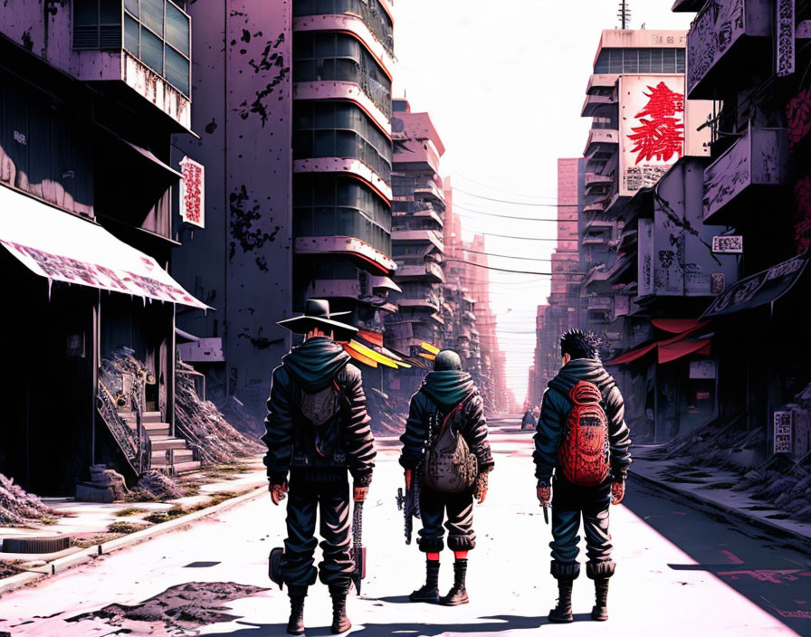 Futuristic streetwear trio in abandoned urban setting