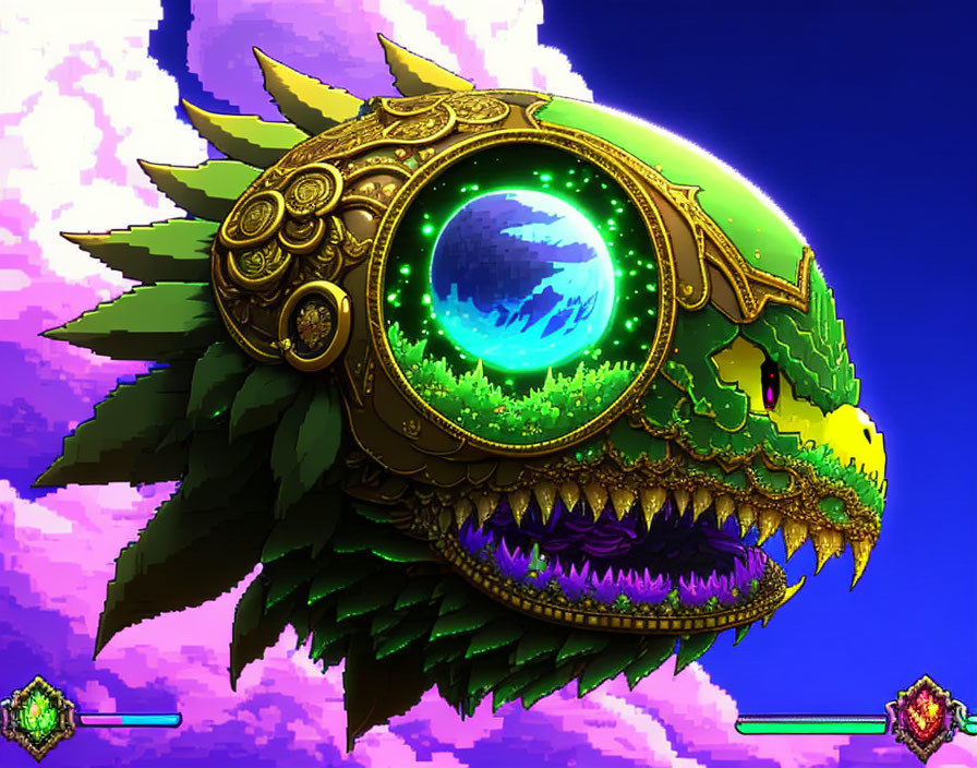 Golden ornate dragon with green orb on purple sky