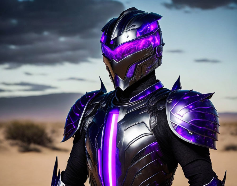 Futuristic person in black and purple armor suit in desert setting