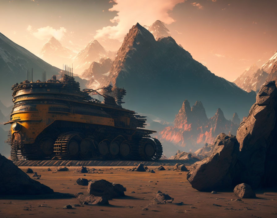 Futuristic tank with intricate design in rocky desert landscape