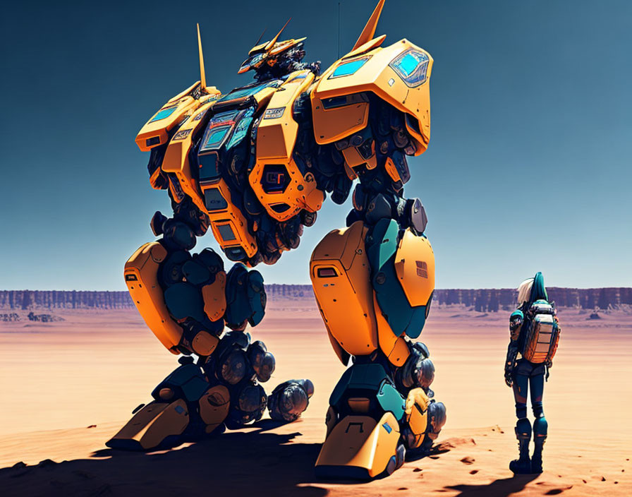 Spacesuit-wearing person faces large yellow and blue mech robot in desert landscape