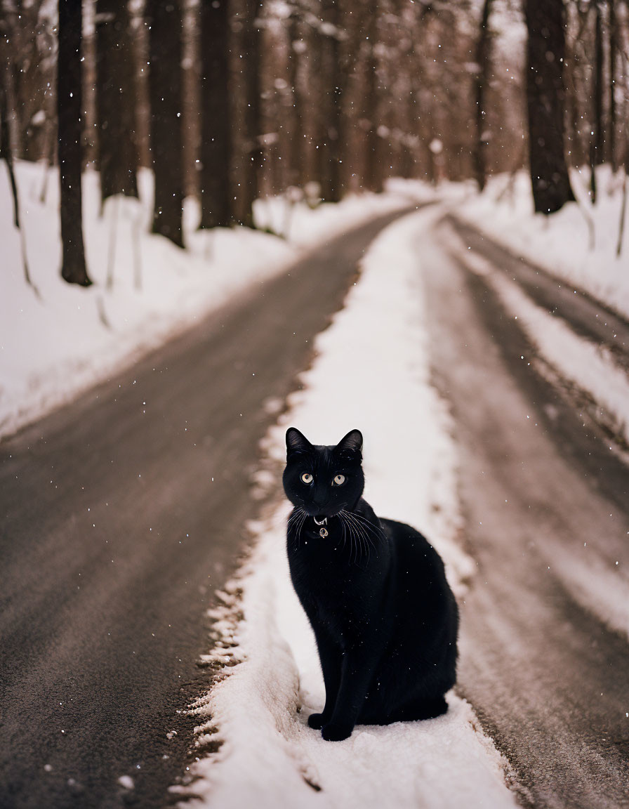 Black cat with bright eyes in snowy roadside scene