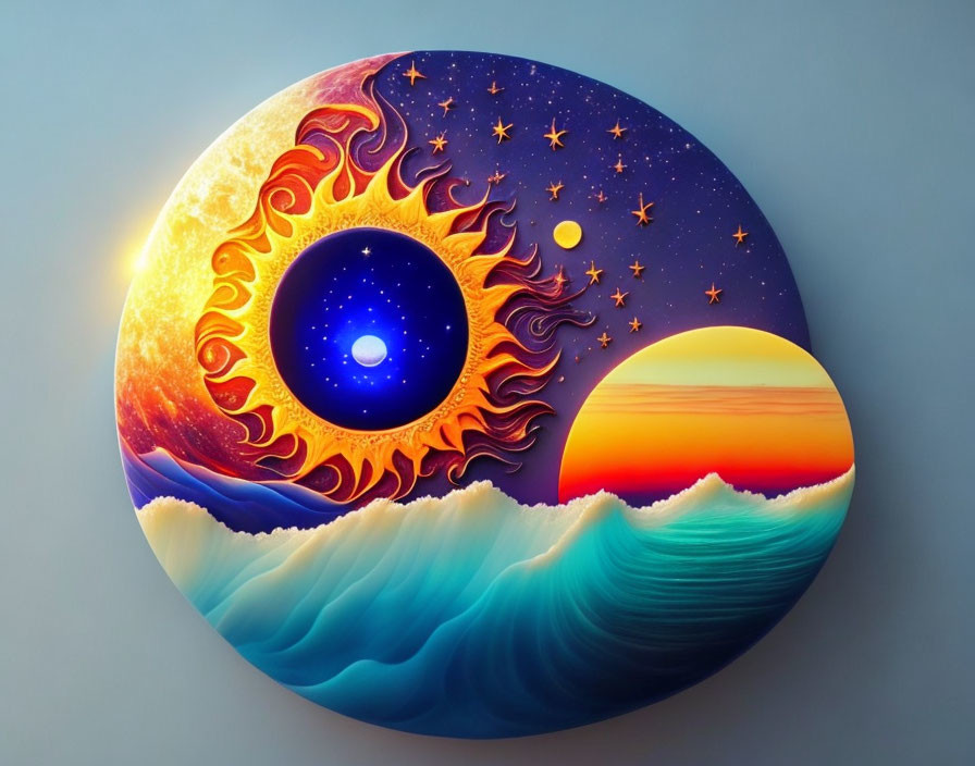 Circular Art Piece Featuring Yin-Yang Symbol, Sun, Moon, Stars, and Ocean Waves