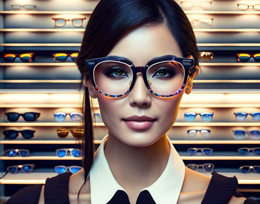 Digital artwork: Woman in stylish glasses by eyewear display