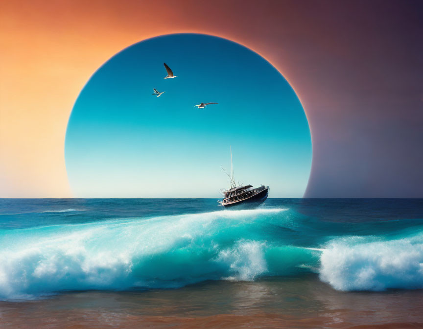 Boat on Large Wave with Seagulls and Surreal Sunset