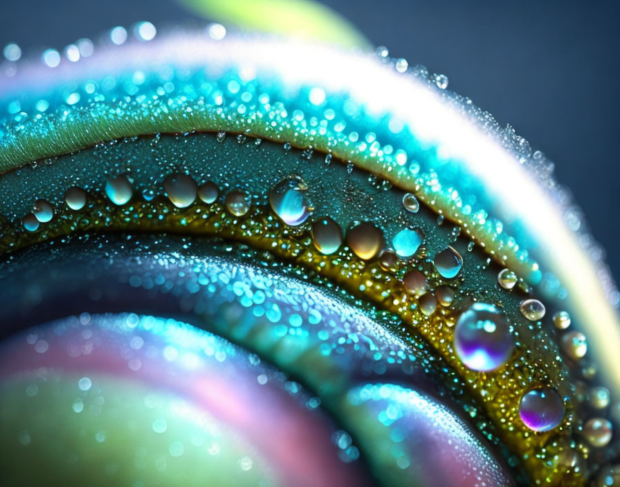 Colorful iridescent surface with sharp water droplets in close-up view