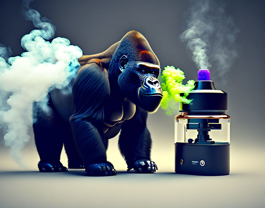 Digitally altered image: gorilla exhaling smoke near e-cigarette vapor