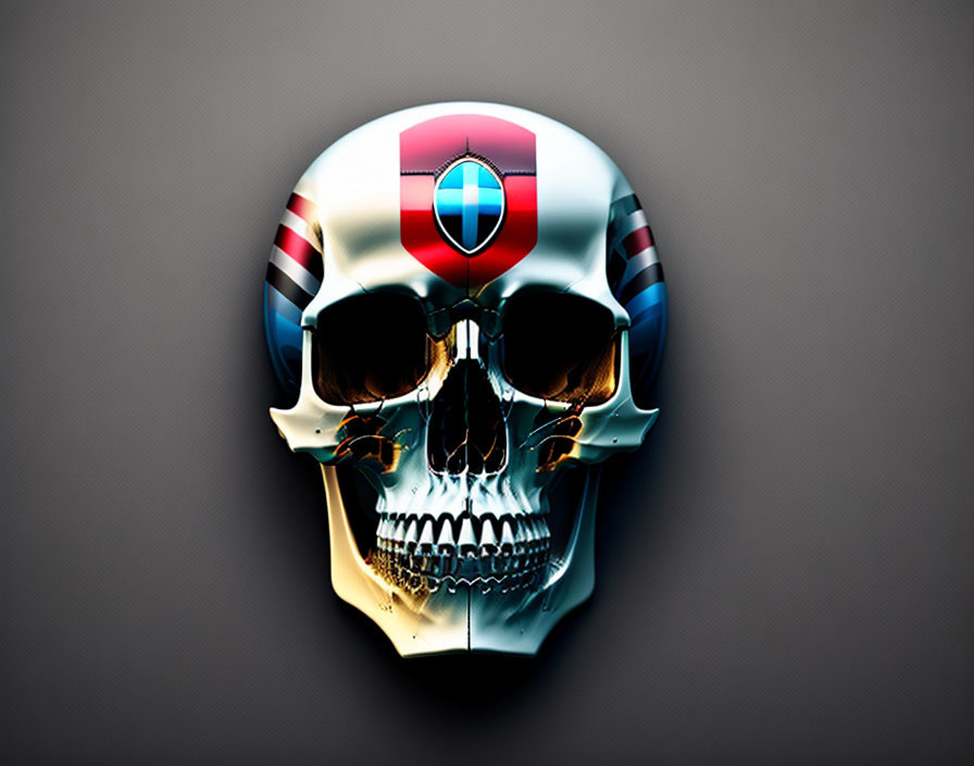 Colorful metallic skull illustration on gray background