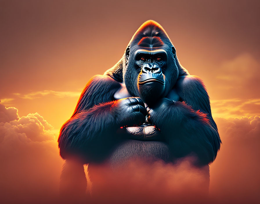 Dominant gorilla against vibrant orange sky