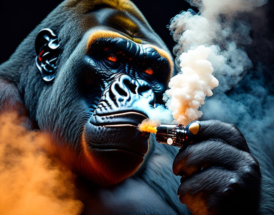 Gorilla with red glowing eyes exhales smoke holding smoking device