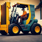 Worker in high visibility vest operates yellow forklift in warehouse setting.