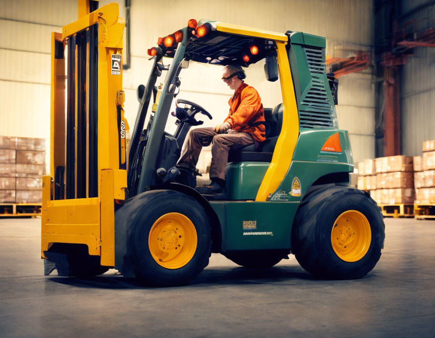 Worker in high visibility vest operates yellow forklift in warehouse setting.