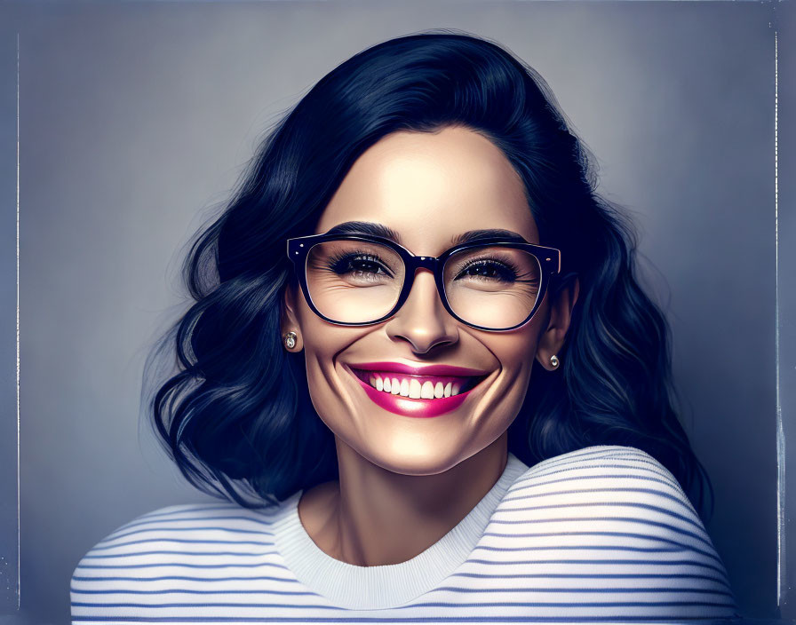 Smiling woman with dark hair in large glasses on gray background