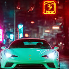 Vibrant neon-lit street scene with sleek sports car at night