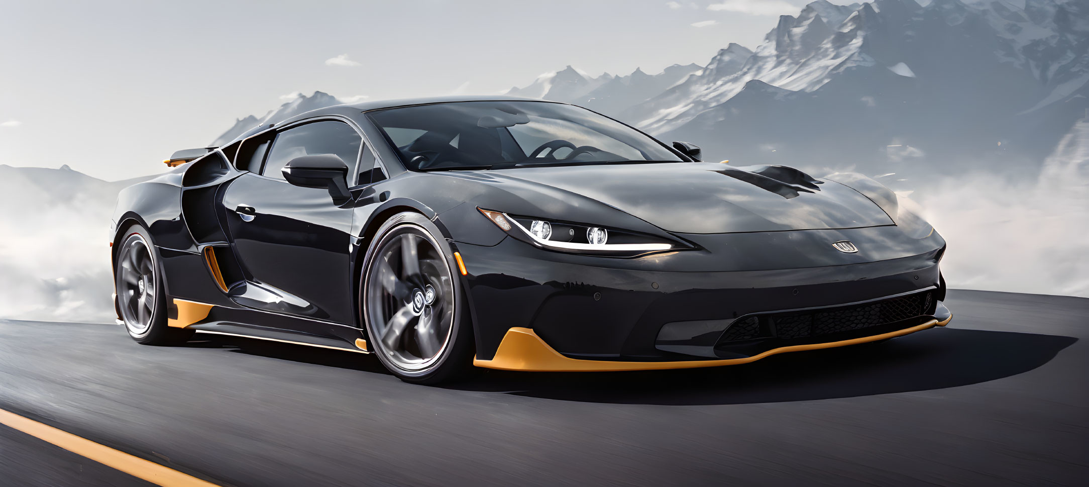 Black Sports Car with Yellow Accents Against Snow-Capped Mountains