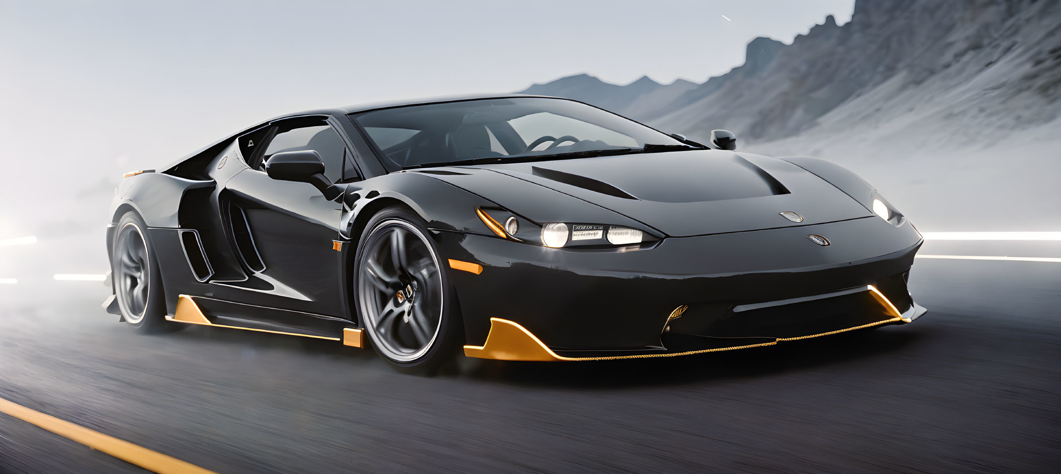 Black Sports Car with Gold Accents Speeding on Road