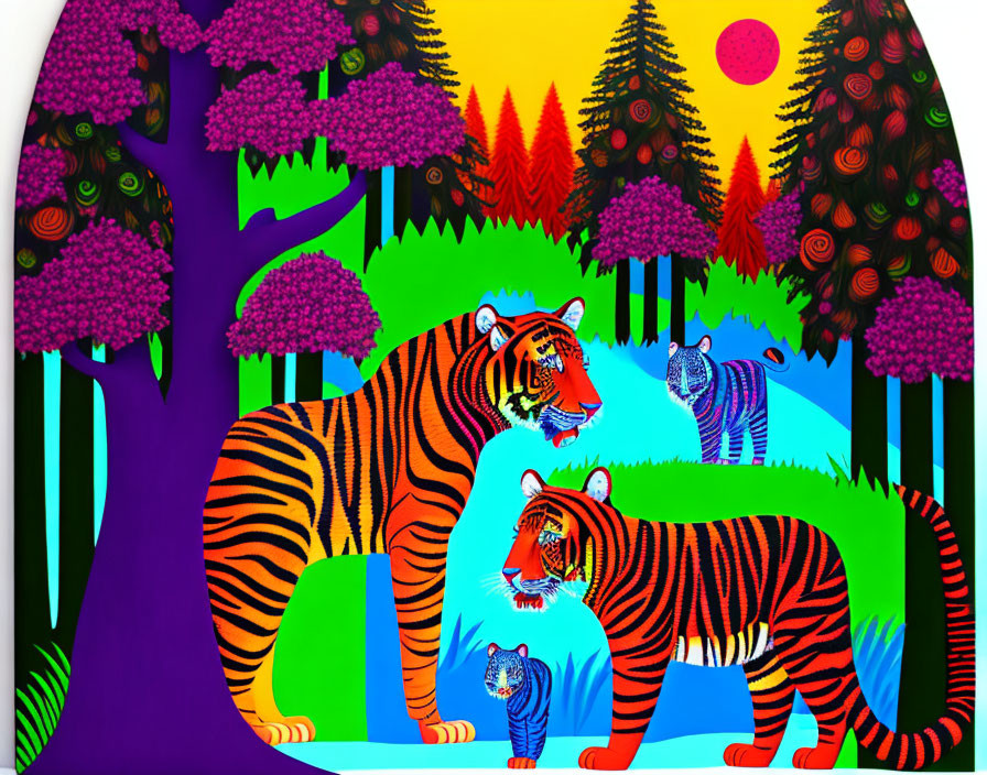 Vibrant landscape with stylized trees and colorful tigers