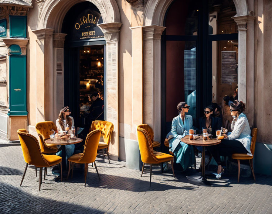 Outdoor cafe scene with elegant architecture and people enjoying drinks