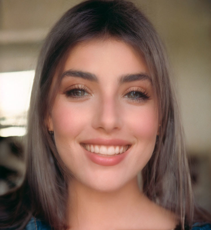 Dark-haired young woman with striking eyebrows and bright smile in soft-focus background