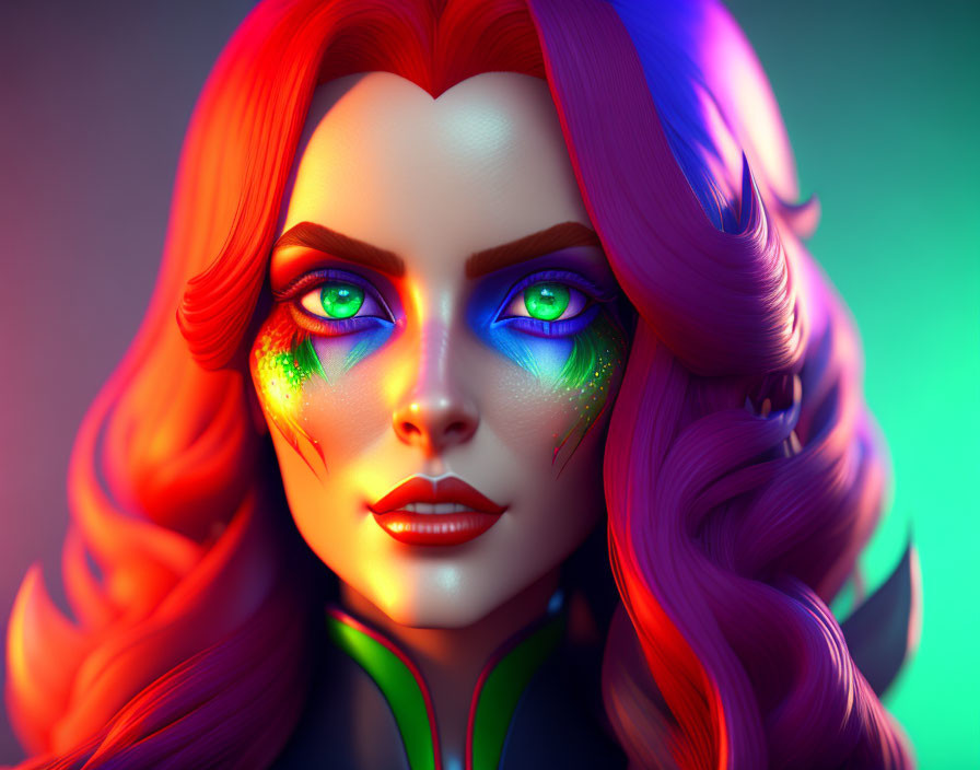 Vibrant digital art portrait of a woman with red hair and neon makeup