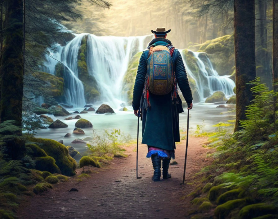 Hiker with walking stick gazes at majestic forest waterfall