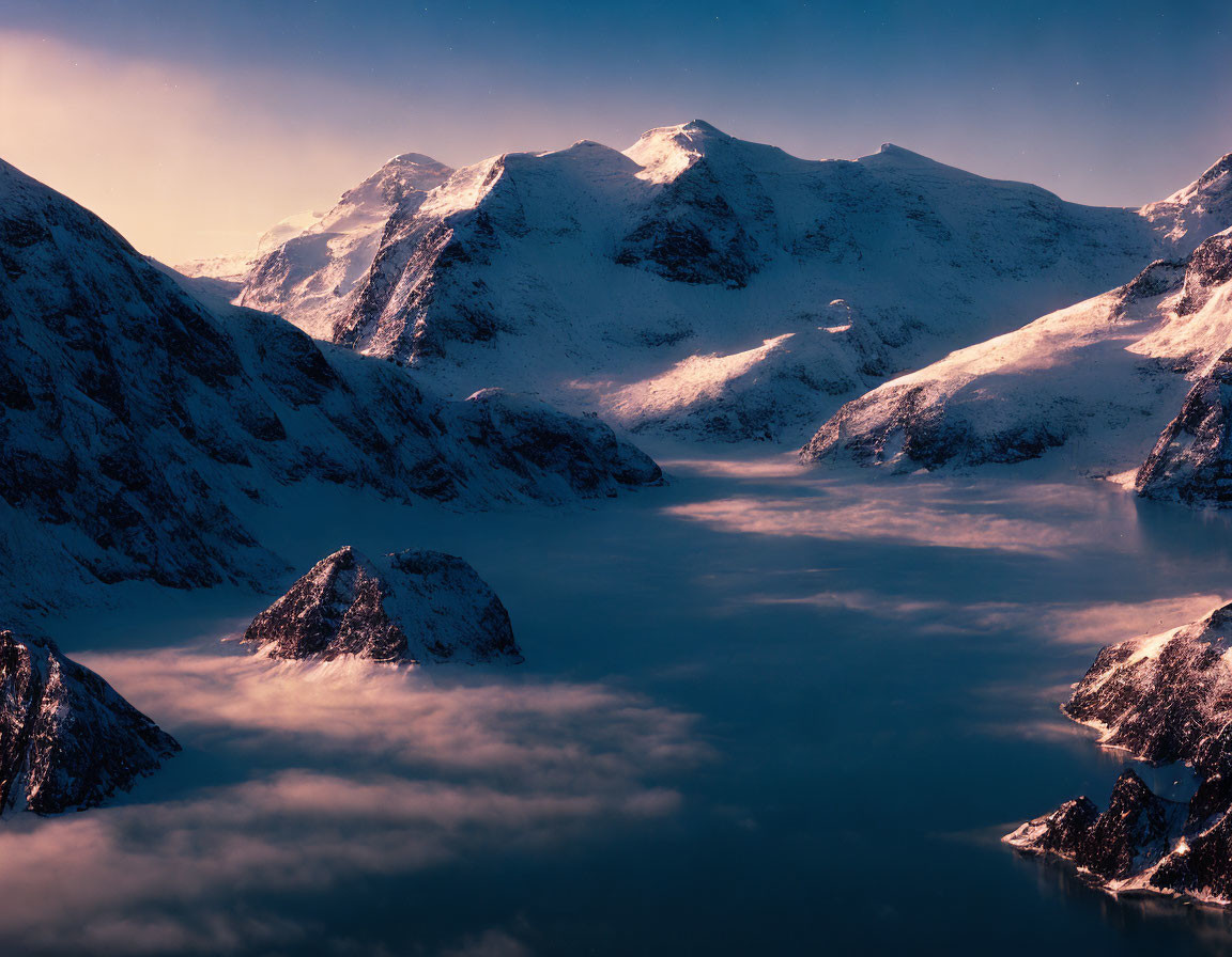 Misty valley at dusk with snow-covered mountain peaks