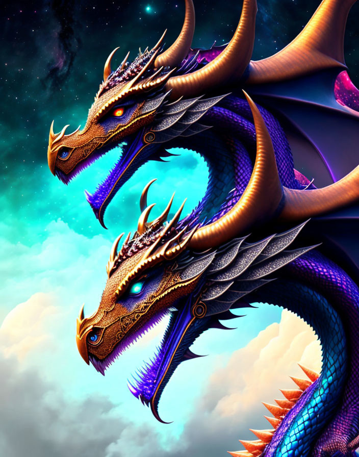 Intricately detailed blue and orange dragons in cosmic sky.