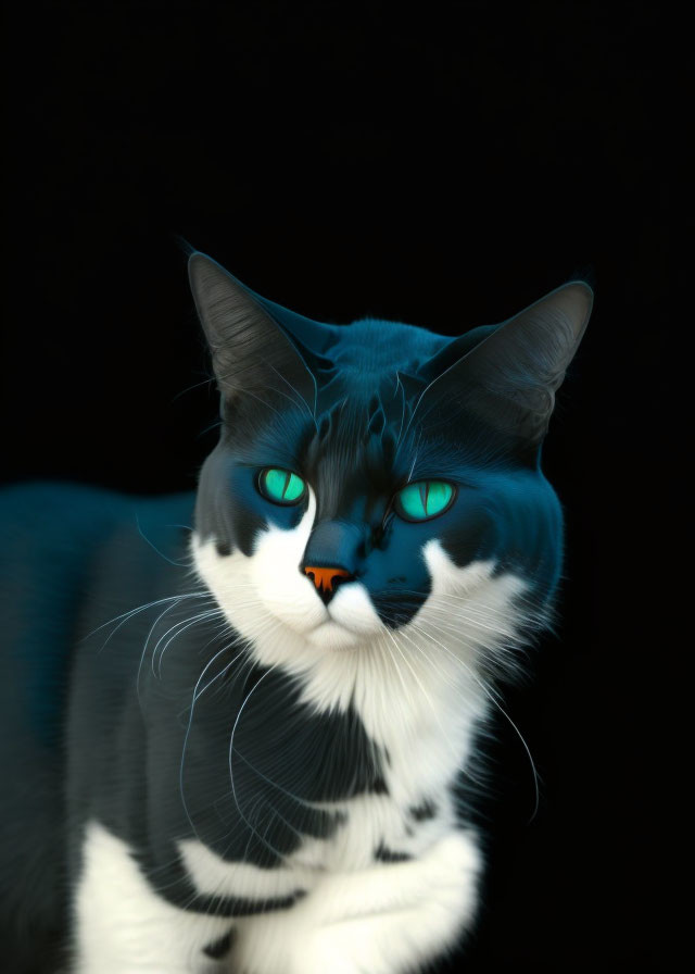 Digitally altered black and white cat with turquoise eyes on dark backdrop