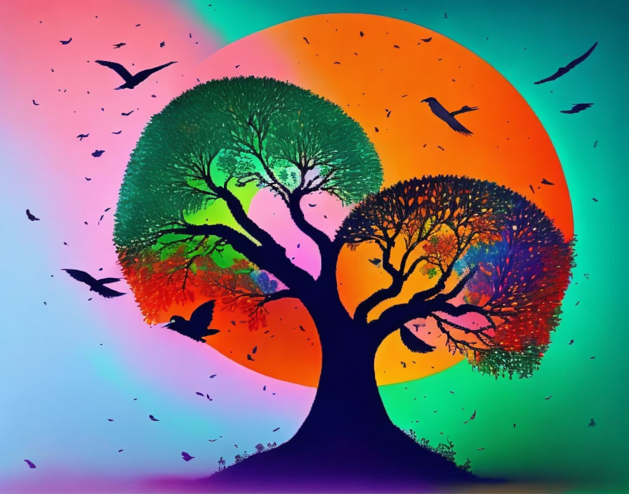 Colorful digital artwork: Tree, birds, sun on teal-pink background