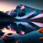 Misty valley at dusk with snow-covered mountain peaks