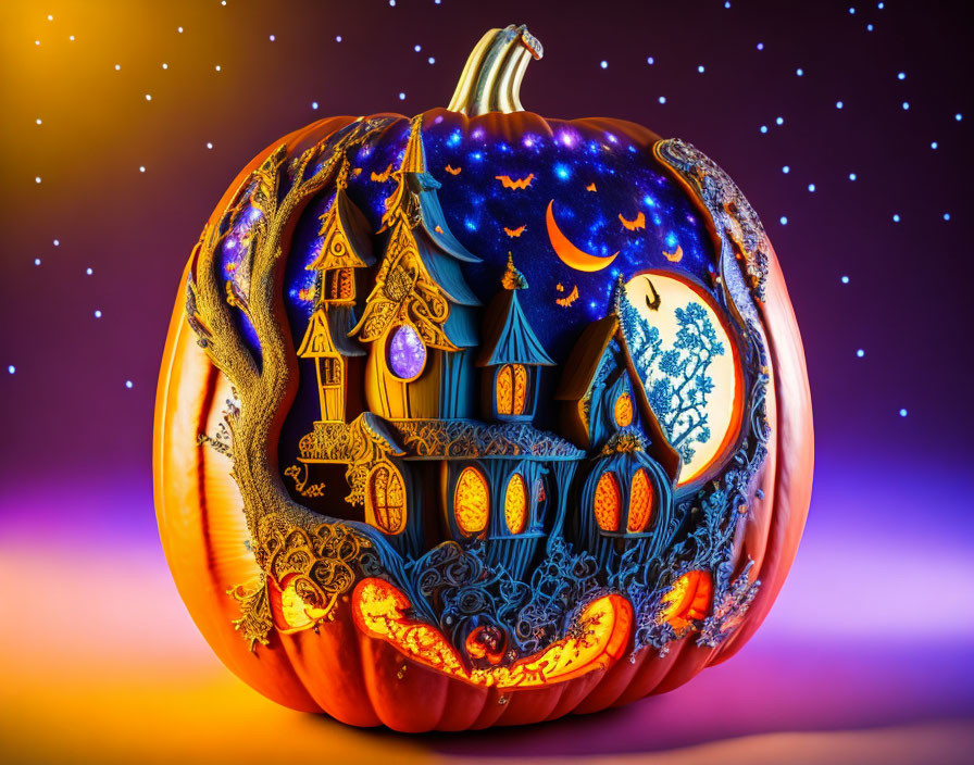 Magical castle design on intricately carved pumpkin