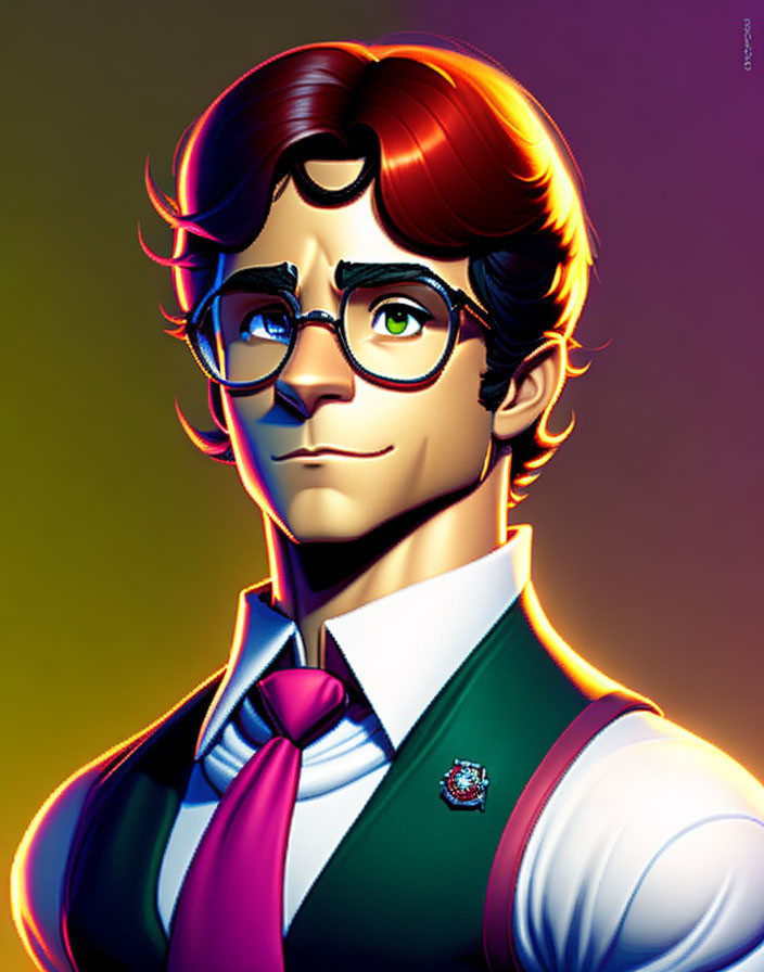 Cartoon character with glasses, vest, and tie on gradient backdrop