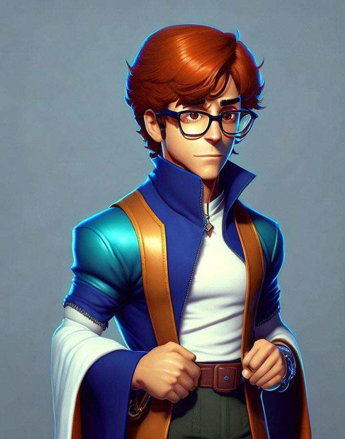 Stylish Young Man with Auburn Hair and Glasses in Blue Jacket