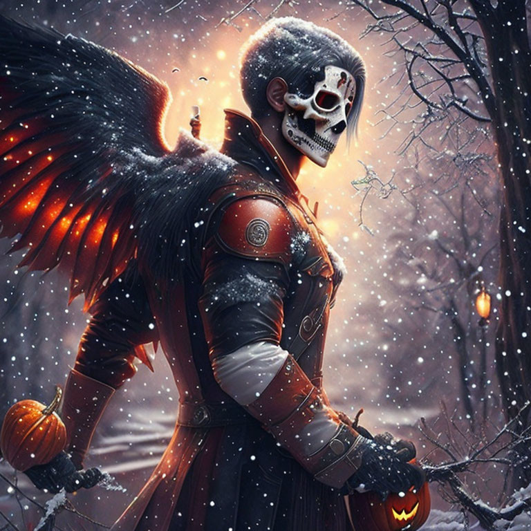 Medieval warrior in skull mask with black wings holding jack-o'-lantern in snowy forest