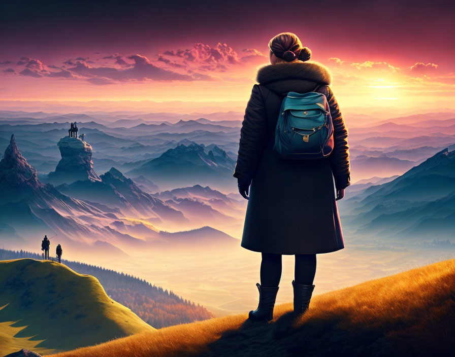 Backpacker admiring surreal sunset with silhouettes and mountains