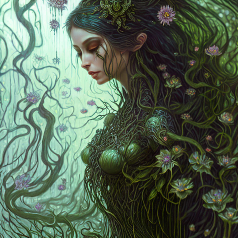 Illustration of a woman merged with botanical elements in green tones