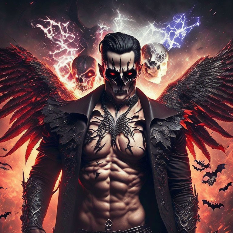 Skull-faced figure with dark wings and lightning background.