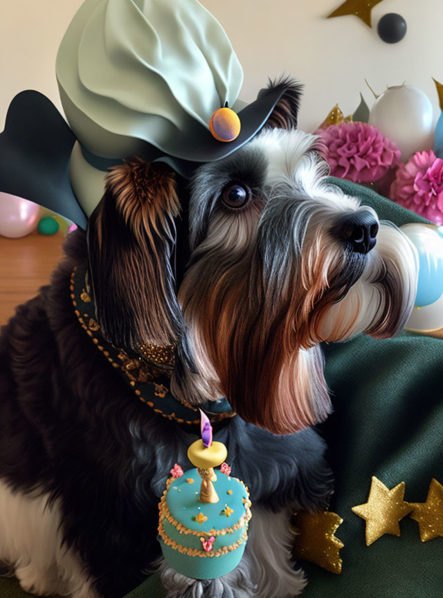 Whimsical dog with birthday hat and cupcake in festive setting